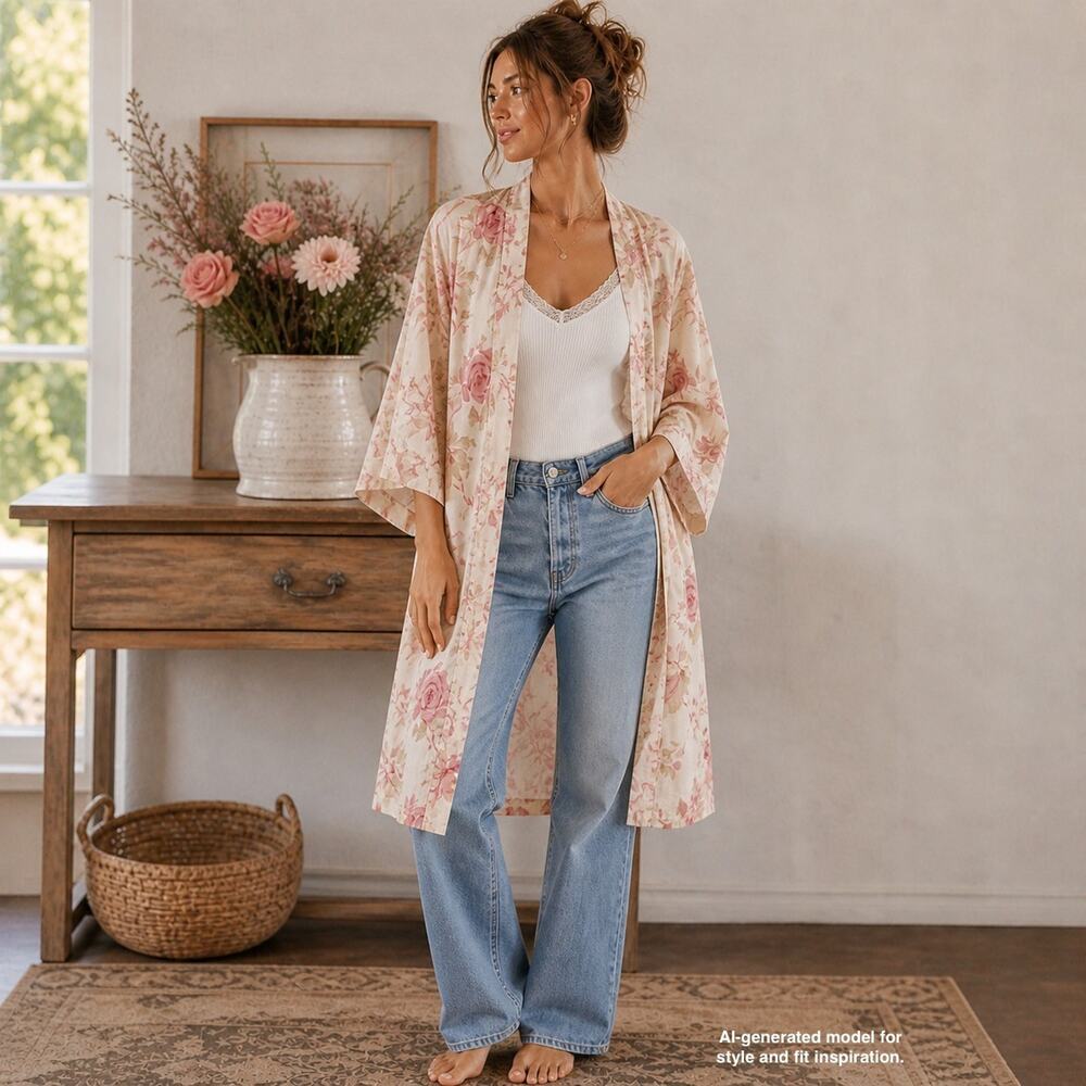 Vintage 90s Floral Cotton Kimono Robe Cottagecore Wrap Duster Mas d’Ouvan Paris - Picture 11 of 11